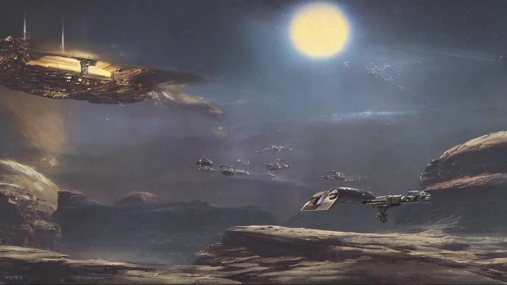 Image similar to small organic dropship lander by john schoenherr and jim burns, epic cinematic matte painting