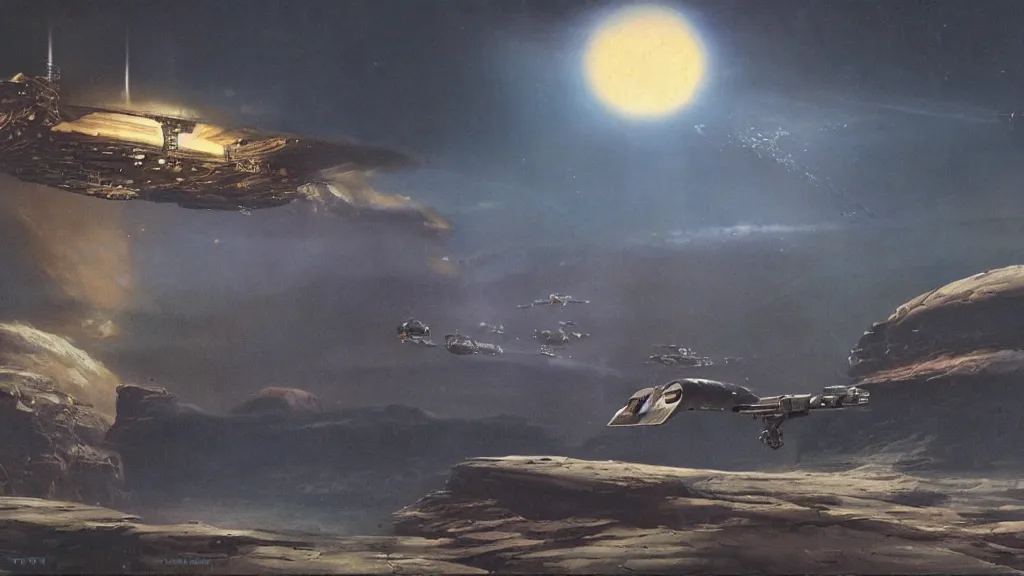 Prompt: small organic dropship lander by john schoenherr and jim burns, epic cinematic matte painting