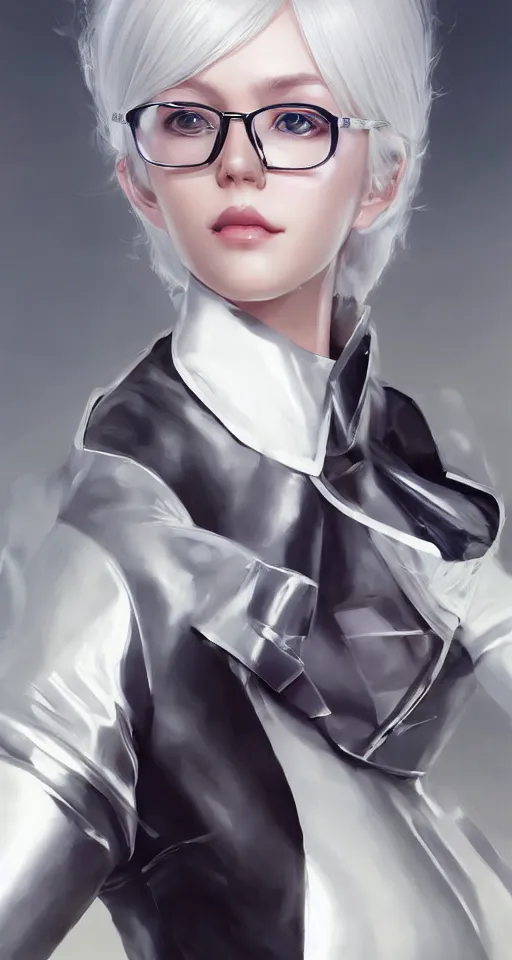 Prompt: a portrait of a scientist android girl with silver hair wearing white suit and glasses by artgerm and wlop and krenz cushart, painterly