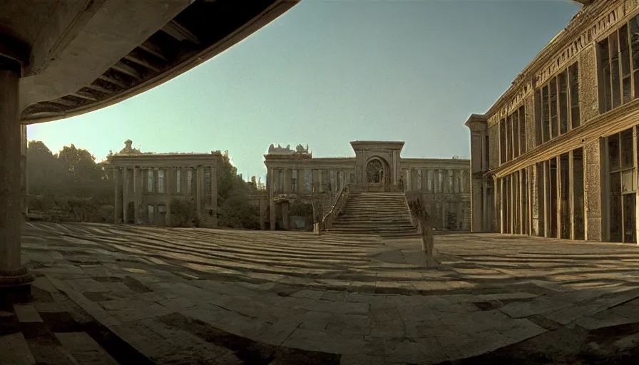 Prompt: 1 9 7 0 s movie still of a non euclidian building, by piranesi, panoramic, ultra wide lens, cinematic light, flare, anamorphic