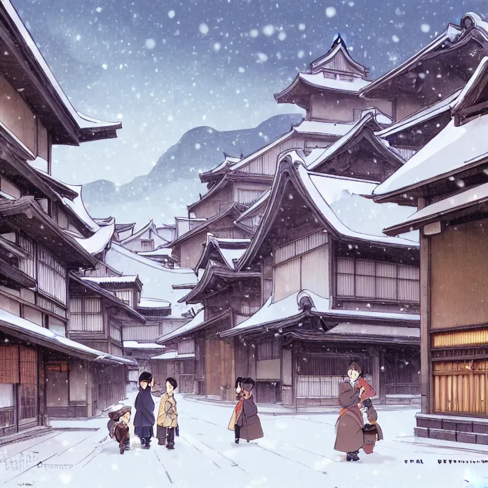 Image similar to empty rural japanese city, winter, in the style of studio ghibli, j. c. leyendecker, greg rutkowski, artem