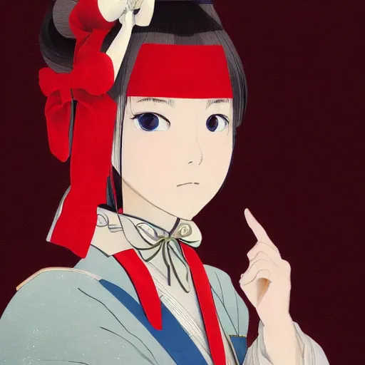 Image similar to Portrait of a japanese princess young lady, with white hair and bangs with a red with a red bow tied in her hair!!!! beauty artwork by Makoto Shinkai, Studio Ghibli, white hair, ayaka genshin impact, ayaka, ayaka game genshin impact, ayaka, extremely detailed, beautiful, establishing shot, artistic, shadows, high quality, unreal engine, overwatch art team