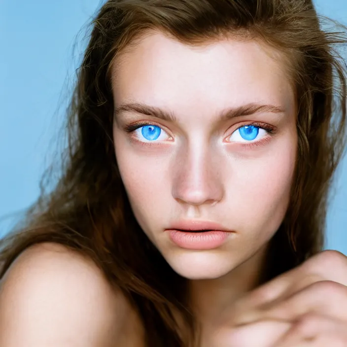 Prompt: Kodak Portra 400, 8K, highly detailed, britt marling style 3/4 extreme closeup portrait of a extremely beautiful girl with blue eyes and light brown hair, four fingers maximum, high light on the left, non-illuminated backdrop, illuminated by a dramatic light, Low key lighting, light dark, High constrast, dramatic , nina masic ,Flora Borsi, dark background, high quality, photo-realistic, 8K