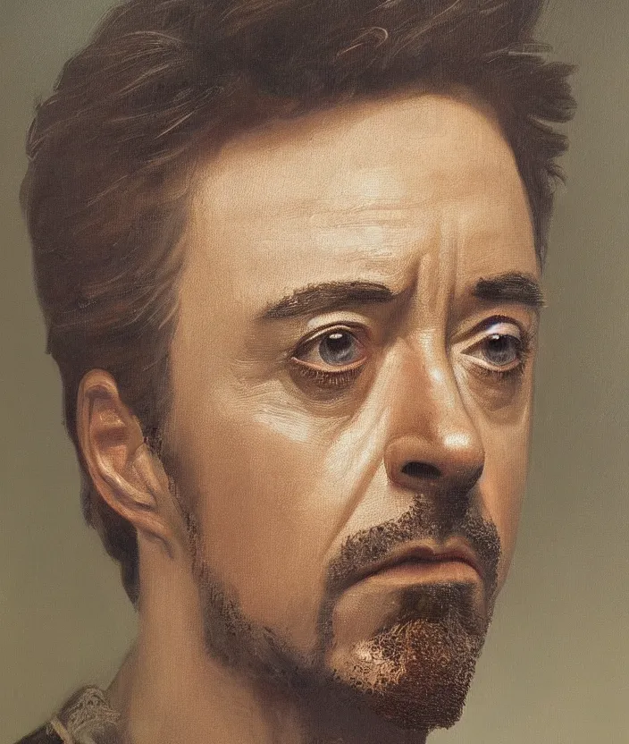 Prompt: oil painting half-lenght portrait of Robert Downey Jr by Leonardo da Vinci