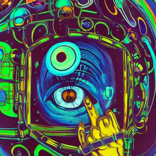 Image similar to a painting of an eye surrounded by various objects, cyberpunk art by lale westvind, behance contest winner, cubo - futurism, tesseract, biomorphic, psychedelic