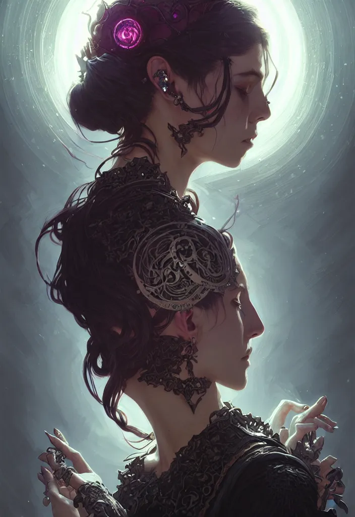 Image similar to Necromancer Sorceress, fantasy magic, undercut hairstyle, dark light night, intricate, elegant, sharp focus, illustration, highly detailed, digital painting, concept art, matte, art by WLOP and Artgerm and Greg Rutkowski and Alphonse Mucha, masterpiece