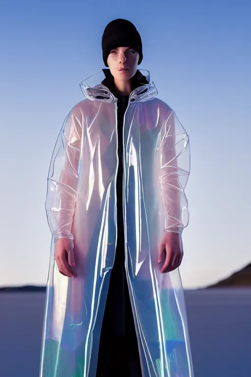 Image similar to an ultra high definition professional high fashion portrait studio full length photograph of a model wearing a transparent pearlescent raincoat and neon visor in an icelandic black rock environment at dawn. no artefacts. extremely detailed. stark. refraction. shallow depth of field. volumetric light and shadow. ray tracing. light rays.