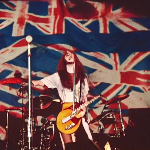 Image similar to 1 9 - year - old girl in a traditional doom metal band, new wave of british heavy metal, live in concert, live 1 9 8 6, united kingdom flags, union jack, playing electric guitar, headbanging crowd of longhairs, audience of longhairs, super 8 mm, grainy photo, colorized