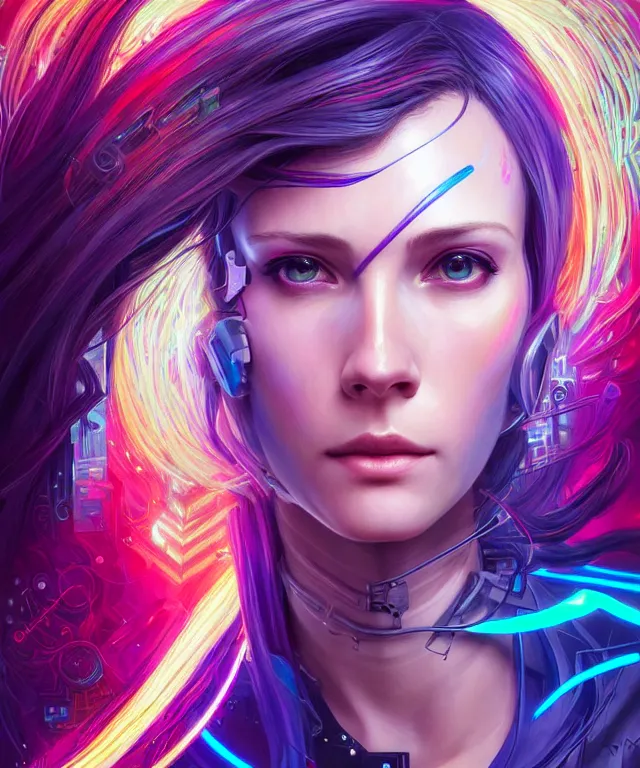 Image similar to beautiful adult woman wearing netrunner clothing, extremely detailed face, cyberpunk, cybernetic, cyborg, vaporwave aesthetic, synthwave, flowing hair, colorful, psychedelic, intricate, elegant, highly detailed, digital painting, artstation, concept art, smooth, sharp focus, illustration, art by artgerm and greg rutkowski and alphonse mucha