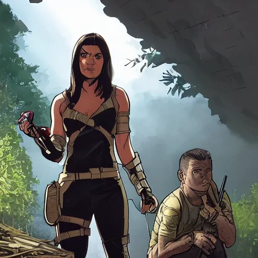 Prompt: Kate Bishop from the Marvel HawkEye series is stalking the Predator. concept art, hyper detailed, 8k.