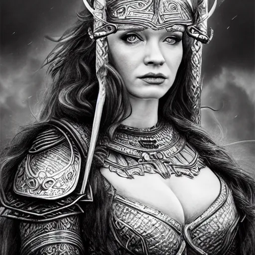 Image similar to hyper realistic pencil drawing of Christina Hendricks as a viking princess, intricate detail, beautiful, battle armor, war, fight, light, dragon, bright color palette