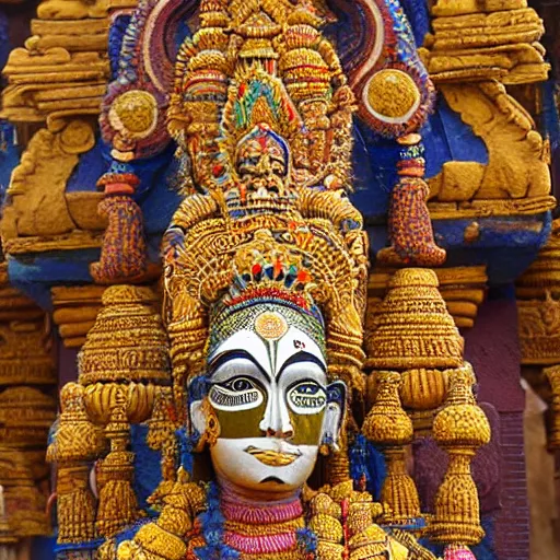 Image similar to a woman wearing an armor and head - dress. the armor and head - dress is made out of the colors, textures and sculptures of the meenakshi temple in madurai. intricate. detailed.