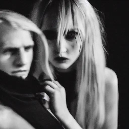 Image similar to a dreamy out of focus fashion photo of a man and a woman performing darkwave music, clothes by rick owens, faces completely covered, short blond hair