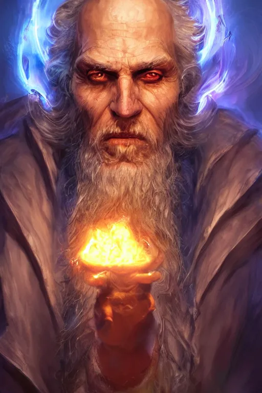 Image similar to old man looks like wizard sorcerer magician warlock spell-caster, fire particles, darkness, diablo digital concept art, artwork by Tyler Edlin + Simon Bisley, artstation, very detailed facial structure, long beard, 8k