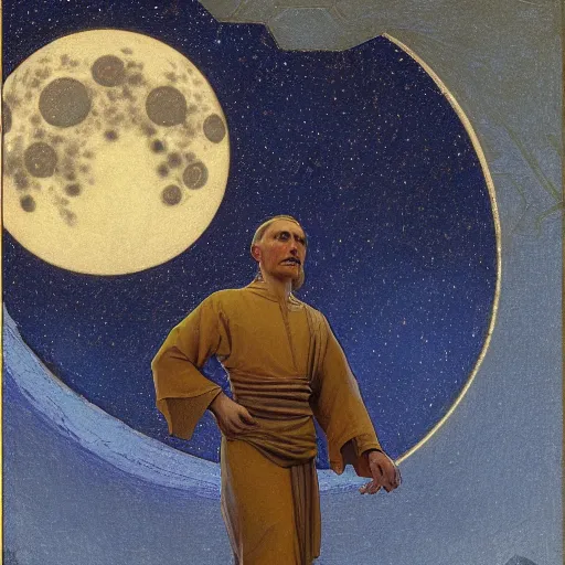 Prompt: illustration of the man in the moon, by nicholas roerich and donato giancola and dulac, sharp focus, very detailed, starry sky, geometric ornament, dramatic lighting