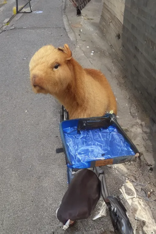 Image similar to a cute Capybara delivering pizza