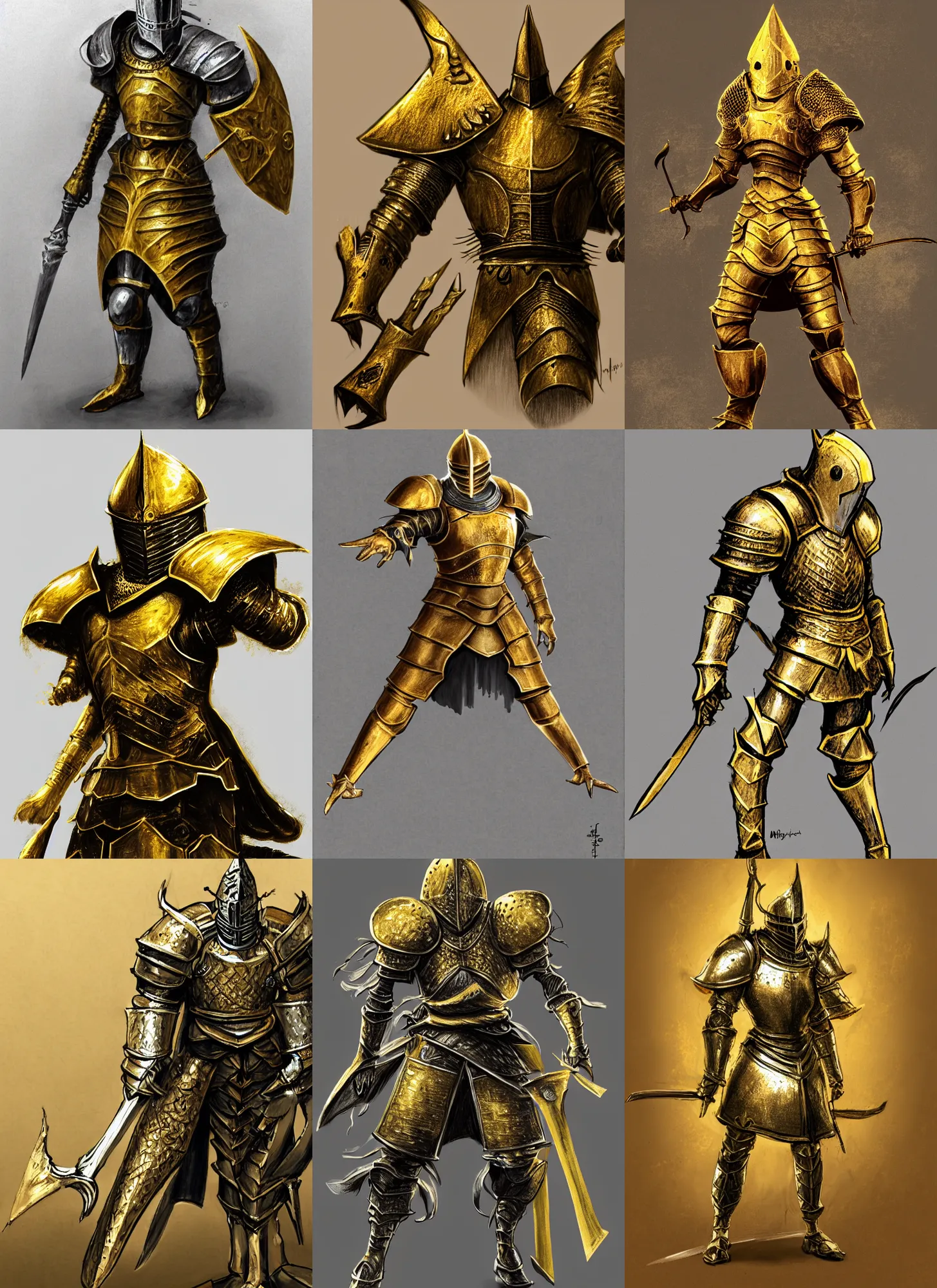 Prompt: a drawing of a knight in full gold armor shrugging, concept art by miyazaki, dark souls, polycount, antipodeans, concept art, official art, polycount