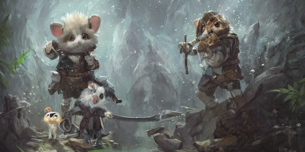 Image similar to dungeons and dragons fantasy painting, portrait of an roborovski dwarf hamster in a suit and tie with a rifle, whimsical and cute, determined expression, watery eyes, anime inspired by krenz cushart, light grey fur, tufty whiskers, bamboo forest, dawn lighting, by brian froud jessica rossier and greg rutkowski