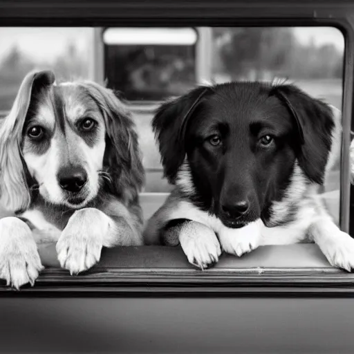 Image similar to a photo of two dogs sitting in front of the bus, hd award winning photograph, high detailed, 2001 style