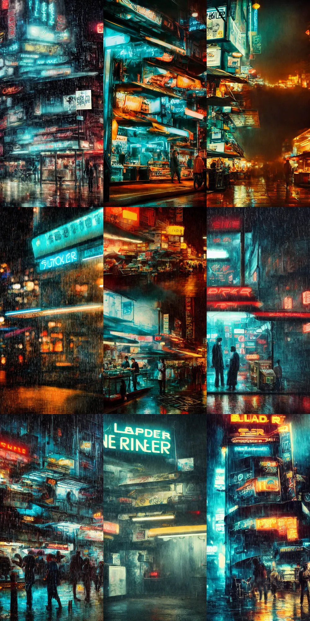 Prompt: blade runner movie still of an outdoor noodle stand, hyper realism, rack focus, close establishing shot, rainy night, monochromatic teal, steamy, desaturated colors, soft dramatic lighting, 4 k digital camera