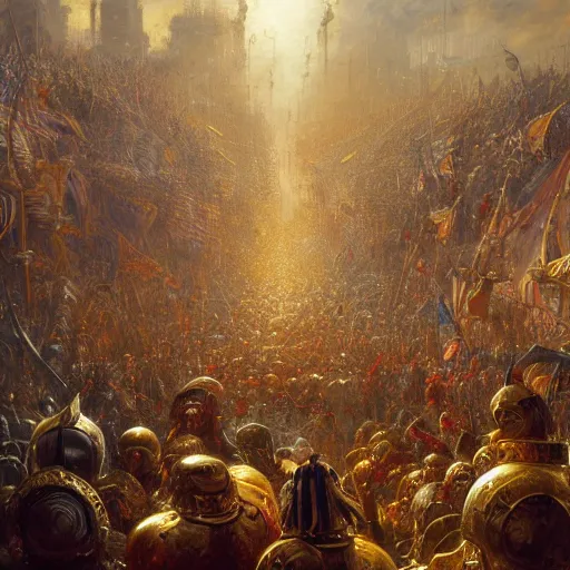 Image similar to artstation concept of a man in armor standing in a crowd gettig cheered, man with arms wide open, bright colorful, gold, hyperdetailed, artstation trending, world renowned artists, worth 1 0 0 0. com, historic artworks society, antique renewel, cgsociety, by greg rutkowski, by gustave dore, deviantart