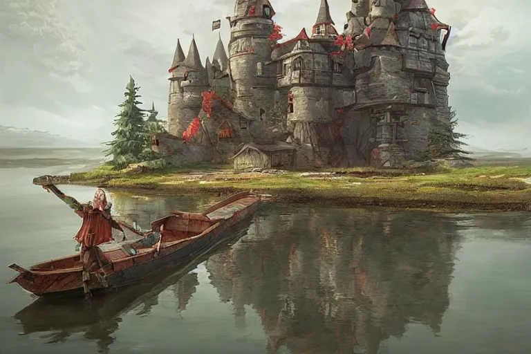Image similar to a mysterious castle floating in the middle of a vast lake by a wooden cabin by a farm, ultra realistic by sabbas apterus
