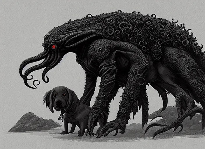 Image similar to A cthulhu and dog mix, highly detailed, in the style of romanticism, cinematic, artstation, Moebius, Greg rutkowski