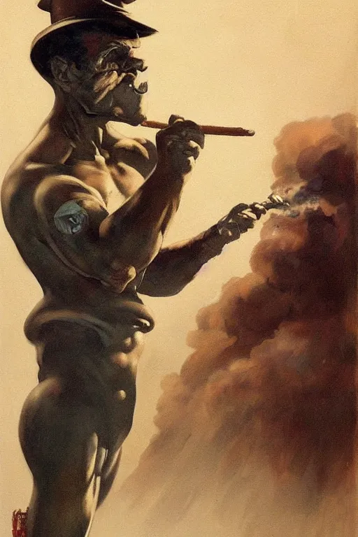 Image similar to An android smoking a cigar, by Frank Frazetta, Trending on Artstation, highly detailed,