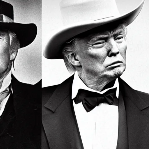 Image similar to an 1 8 0 0 s photo of donald trump playing the role of clint eastwood, squinting at high noon, in the style of a clint eastwood movie, the good, the bad and the ugly, clint eastwood, vibe, donald trump, glory days, mount rushmore, justice, american flag, independence, patriotism, apple pie, black and white, artgerm