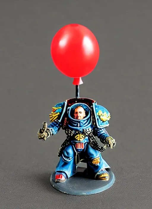 Image similar to 8 0 mm resin detailed miniature of a warhammer 4 0 k space marine holding a red balloon in one hand and a hamburger in the other, product introduction photos, 4 k, full body,