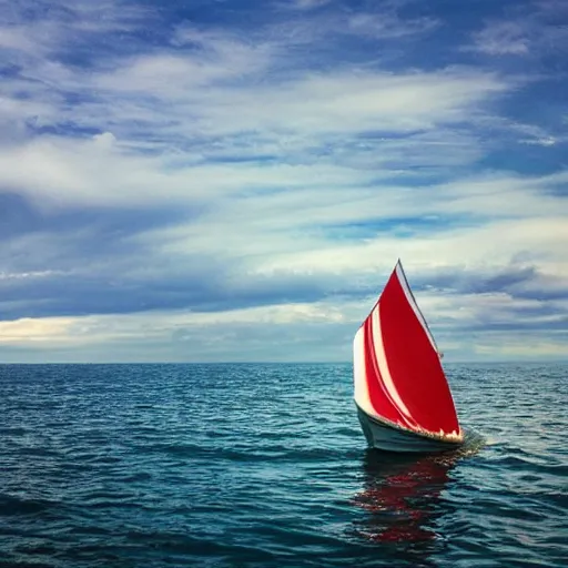 Image similar to a boat made of graham crackers sails across an ocean of hot chocolate, blue sky full of marshmallow clouds, serene, award - winning,