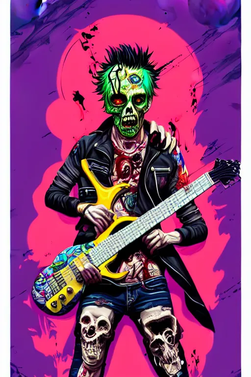 Image similar to a zombie punk rocker playing electric guitar, tristan eaton, victo ngai, artgerm, rhads, ross draws