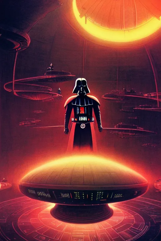 Image similar to darth vader dj standing on a giant science fiction turntable at a rave on the deathstar, syd mead, dynamic lighting, digital art, winning award masterpiece, fantastically beautiful, illustration, aesthetically inspired by beksinski and dan mumford, moebius, trending on artstation, art by greg rutkowski, 8 k