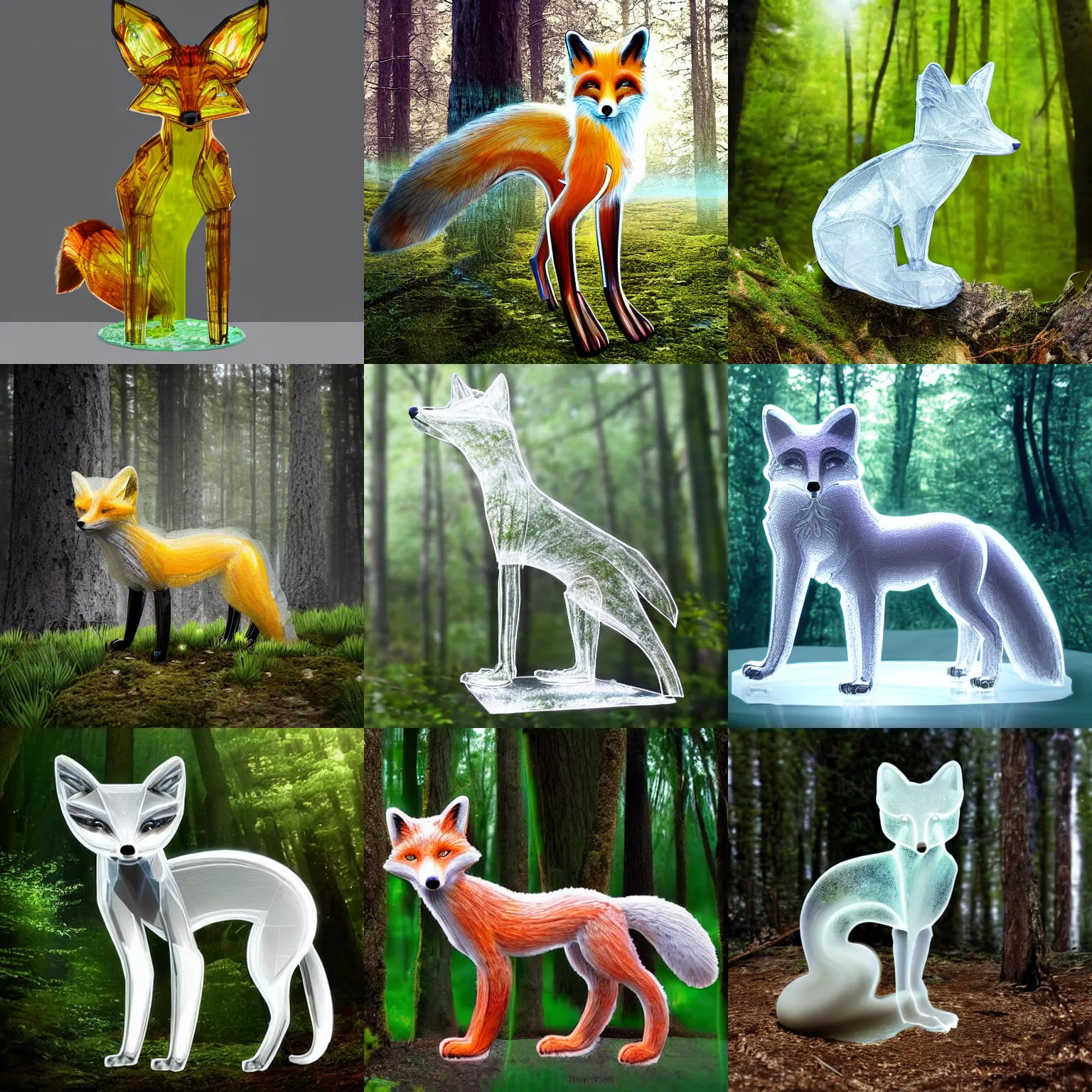 Prompt: a clear transparent fox made entirely of glass, standing in a forest, digital art, highly detailed, refraction, trending on ArtStation