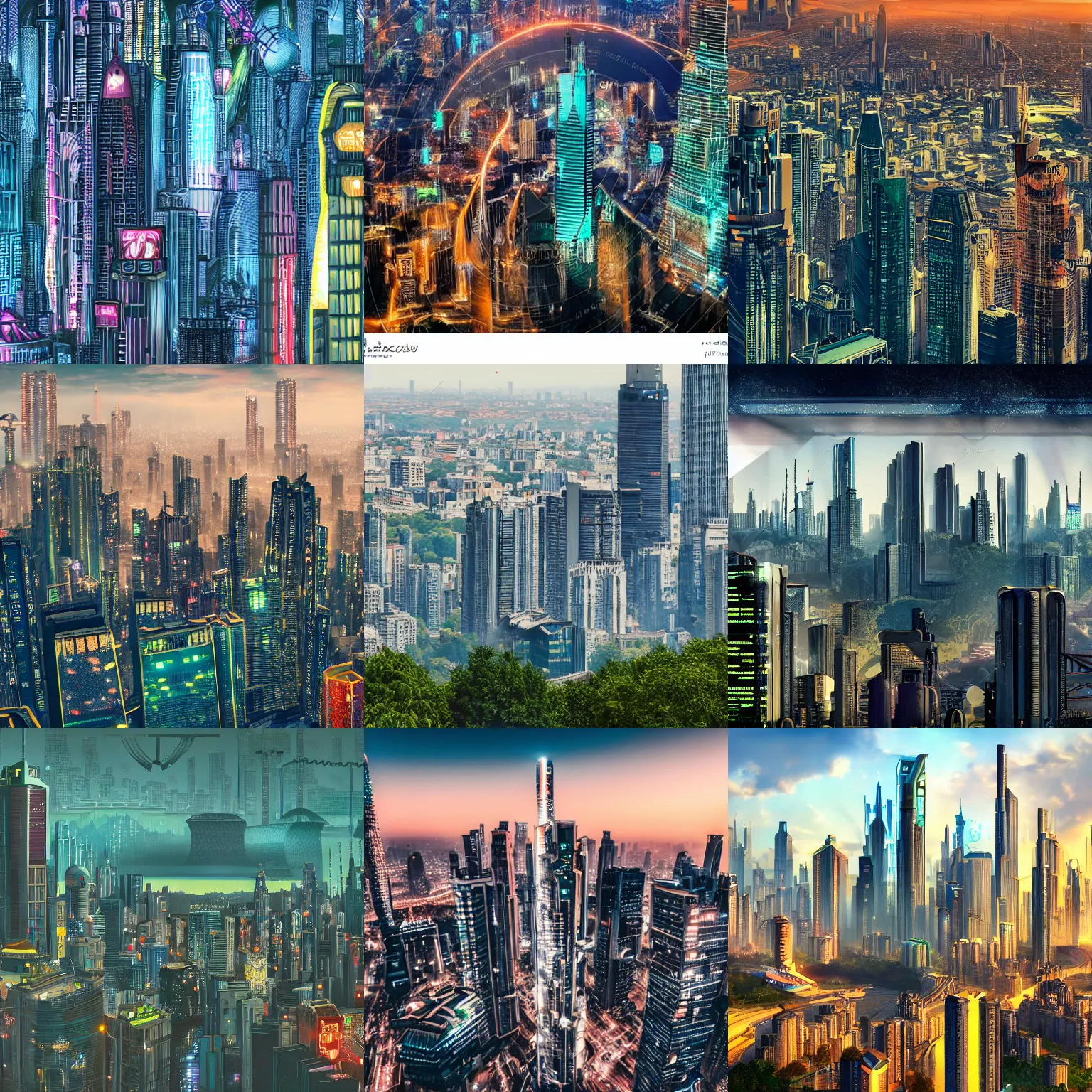 Prompt: detailed photo of a beautiful skyline with cyberpunk Art Deco buildings, parks, waterfalls and monuments