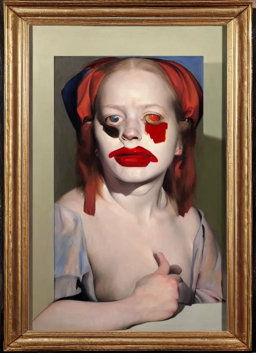 Image similar to Oil painting - portrait of a cross-eyed jester girl by Jenny Saville, Masterpiece, Edward Hopper and James Gilleard, Mark Ryden, Wolfgang Lettl highly detailed, hints of Yayoi Kasuma