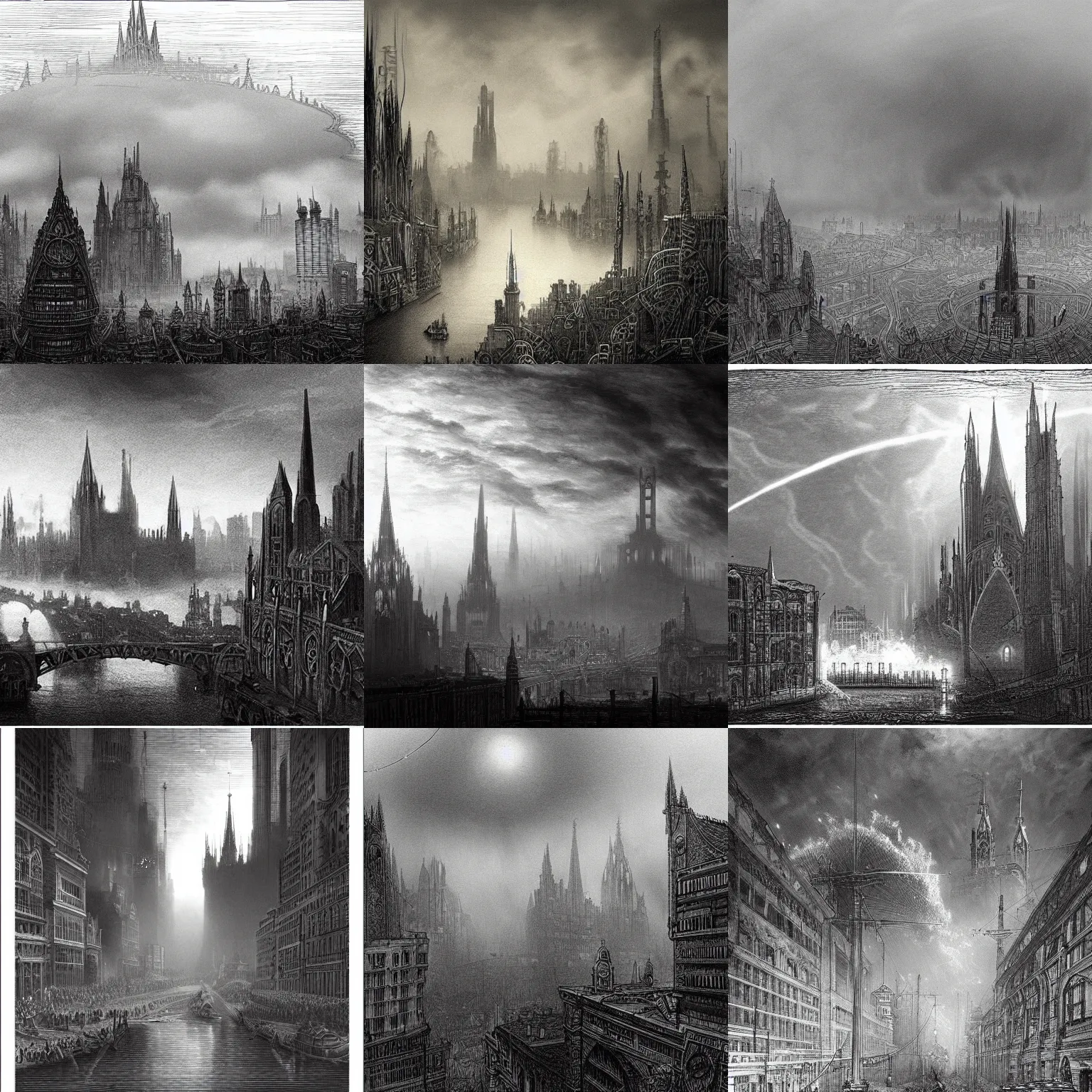 Prompt: dieselpunk city pollution river fog hanging wires cathedral drawn by gustave dore dreamlike hatching high detailed perspective wide angle