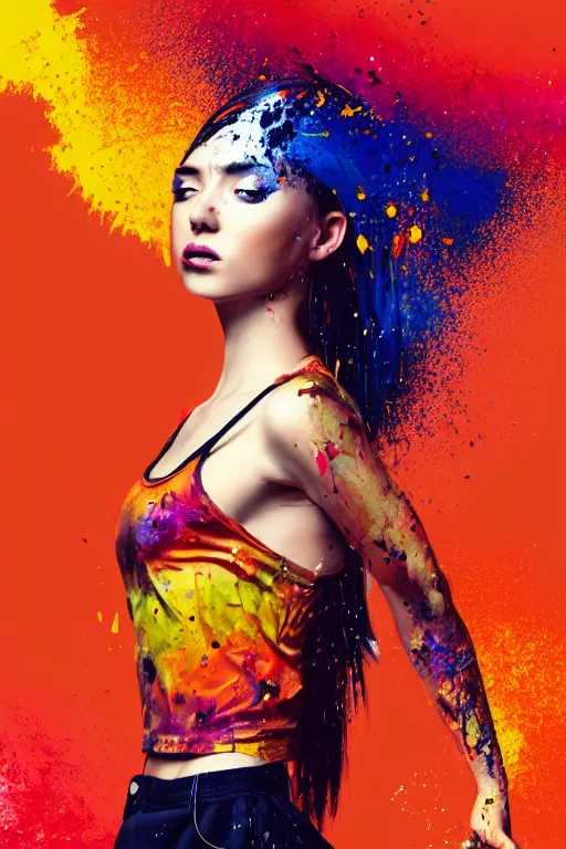 Image similar to a award winning half body portrait of a beautiful woman in a croptop and cargo pants with ombre red orange yellow hairstyle with head in motion and hair flying, paint splashes, splatter, outrun, vaporware, shaded flat illustration, digital art, trending on artstation, highly detailed, fine detail, intricate