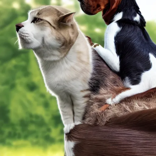 Image similar to a cat sitting on a dog's back while the dog is riding a horse, realistic, 4k