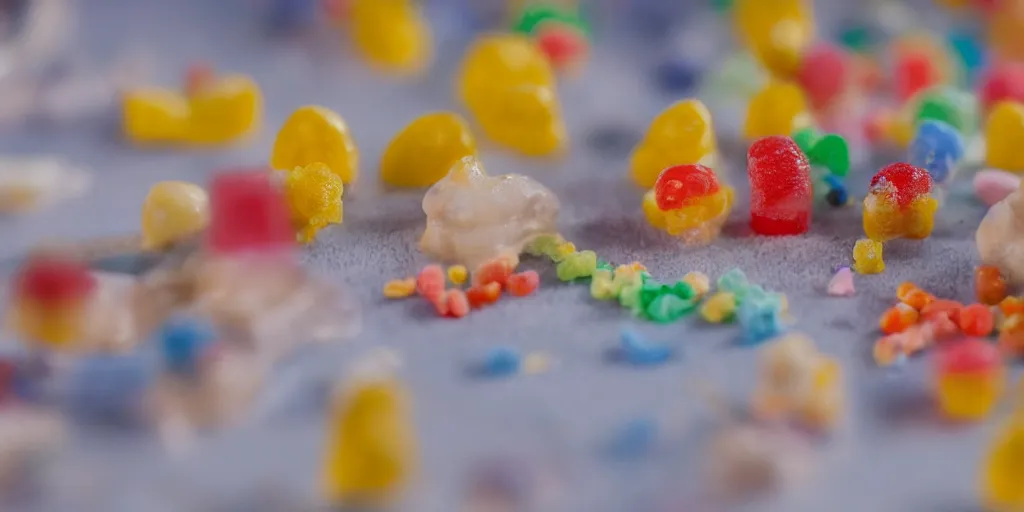 Image similar to a cinematic film still of a claymation stop motion film about a town made of lemons and candy, shallow depth of field, 8 0 mm, f 1. 8