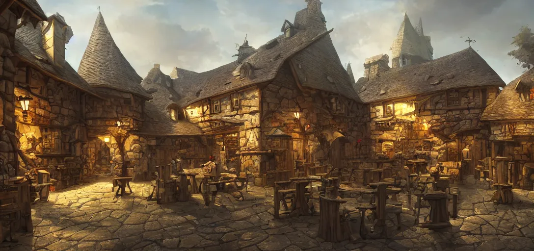 Image similar to game design, architecture, medieval tavern building, outside view, isometric view, game art, game dev, concept, extremely high detail, photo realistic, cinematic lighting, post processed, concept art, artstation, matte painting, style by eddie mendoza, raphael lacoste, alex ross