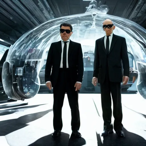 Image similar to Confused Rowan Atkinson as an MiB agent looking at a bizzare alien in the new Men in Black movie