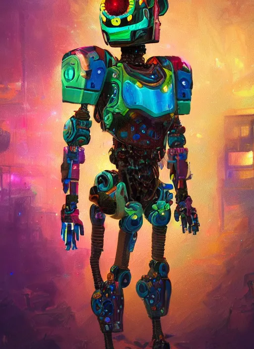 Prompt: detailed full body concept art illustration colorful oil painting of a robotic animal in full intricate colorful clothing, ultra detailed, digital art, octane render, dystopian, zero dawn, 4k
