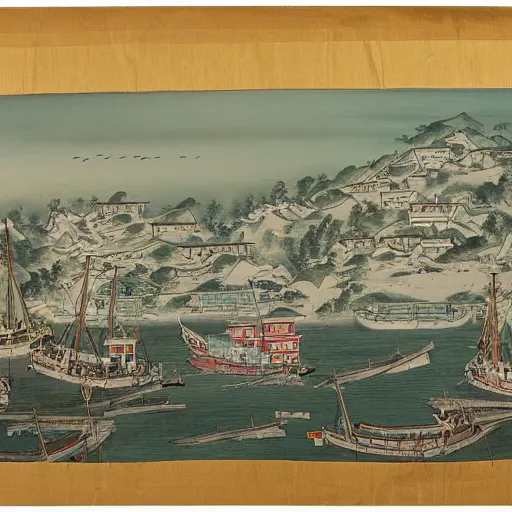 Image similar to a hanging scroll painting of a panorama of a tuna fishing port, by Ma Lin, ink and color on silk, detailed, landscape