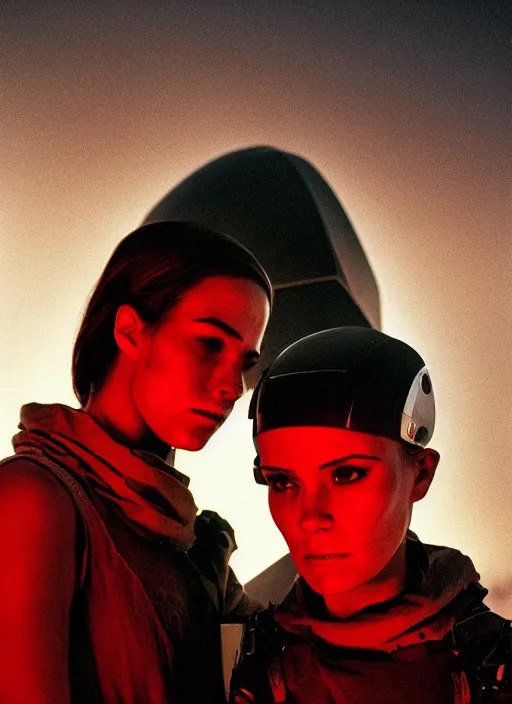 Image similar to cinestill 5 0 d photographic portrait by steve mccurry of two loving female androids wearing rugged black mesh techwear in a brutalist compound with a red sky, extreme closeup, cyberpunk style, dust storm, 8 k, hd, high resolution, 3 5 mm, f / 3 2, ultra realistic faces, ex machina