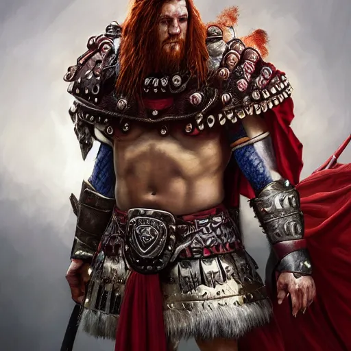 Image similar to bulky muscular scottish warrior with red hair and a kilt, tribal blood red war paintings on his chest, bronze plate armor, 4 k oil on linen by wlop, artgerm, andrei riabovitchev, nuri iyem, james gurney, james jean, greg rutkowski, highly detailed, soft lighting 8 k resolution