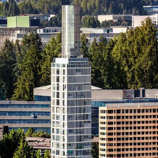 Prompt: Guitar Skyscraper viewed from the hills of Portland Oregon