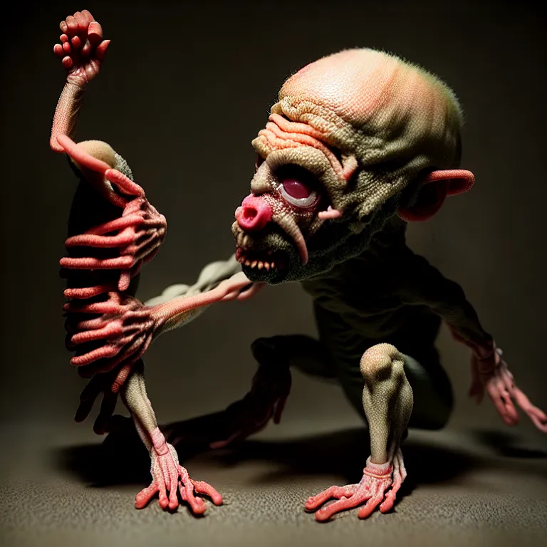 Image similar to laboratory miniature creature in pain and anger and revange by Christopher Soukup, David Fincher, Dan Witz, Gregory Crewdson, Huleeb, Lee Griggs, Mike Nash, Paul Chadeisson, Stephen Shore, sideshow collectibles, Terry Richardson, Vitaly Bulgarov