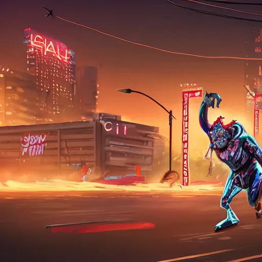 Image similar to gigantic building hovering above a city, long thick cables and trash hanging from underneath, smoke and thick dust in the air, rays of light, neon billboards and dried palmtrees in the streets, a reptile mutant wrestler in fighter pose levitates in the center of the epic scene, scifi, illustration