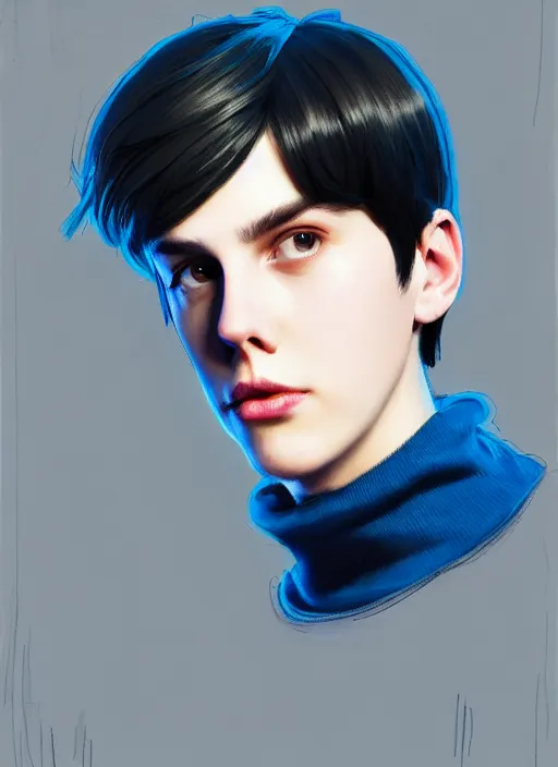 Image similar to portrait of teenage jughead jones wearing a light grey crown, crown, blue turtleneck, closed eyes, photorealistic, black hair, glowing lighting, intricate, elegant, glowing lights, highly detailed, digital painting, artstation, concept art, smooth, sharp focus, illustration, art by wlop, mars ravelo and greg rutkowski